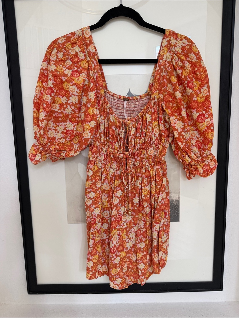 Free People Orange Floral Puff-Sleeve Mini Dress